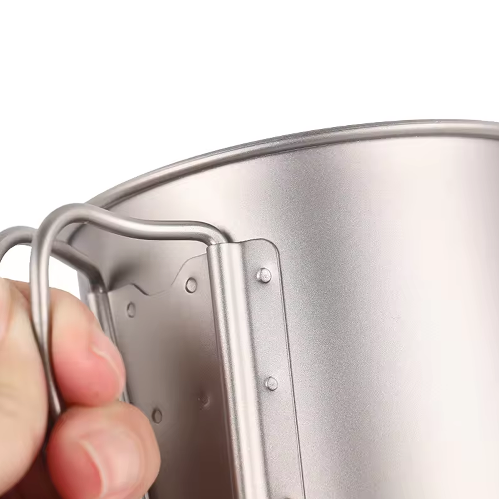 Pure Titanium Camping Mug with Foldable Handle & Matching Lid, Ultralight Portable Titanium Cup for Hiking Backpacking Travel Cooking Coffee Soup
