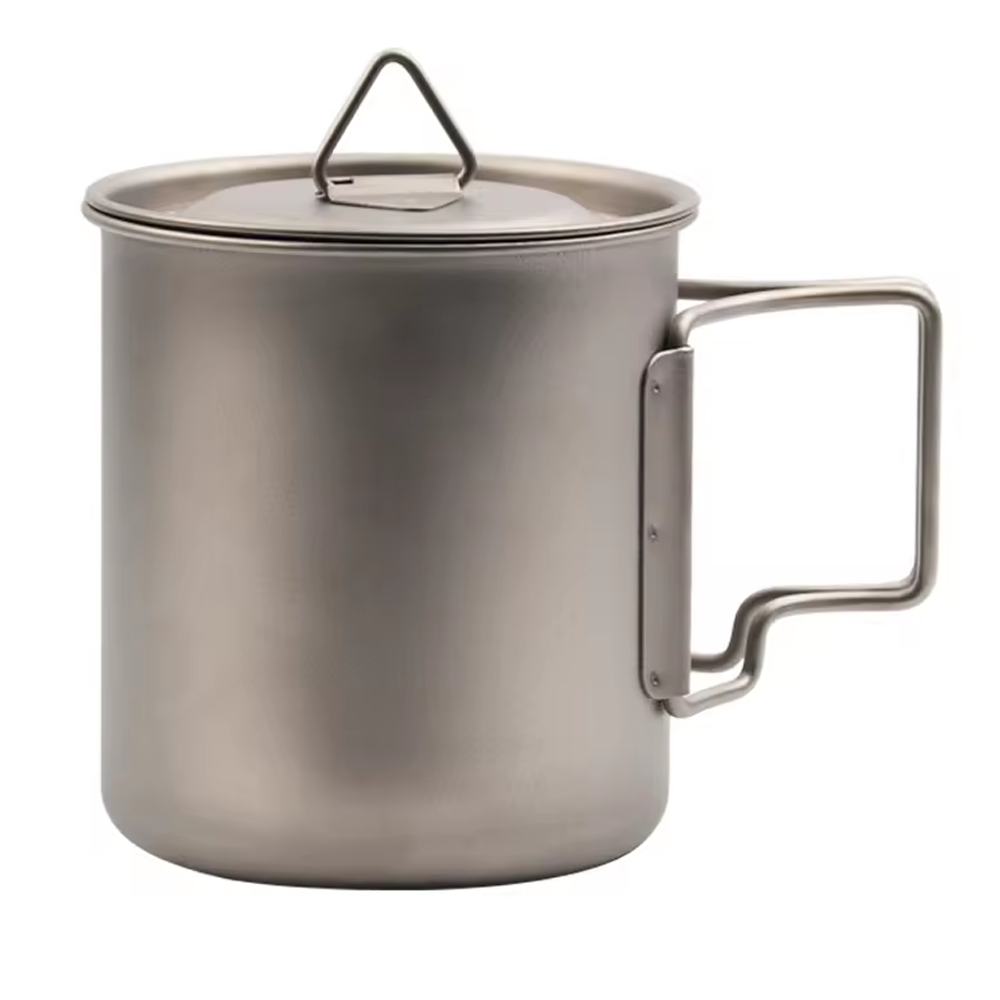 Pure Titanium Camping Mug with Foldable Handle & Matching Lid, Ultralight Portable Titanium Cup for Hiking Backpacking Travel Cooking Coffee Soup