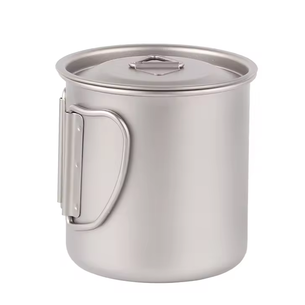 Pure Titanium Camping Mug with Foldable Handle & Matching Lid, Ultralight Portable Titanium Cup for Hiking Backpacking Travel Cooking Coffee Soup